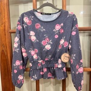 Gypsies & Moondust Women's Top Dusty Blue Floral Long Sleeve Blouse Peplum NWT